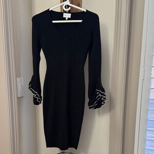 Milly Black Knit V-Neck Sweater Dress with White-Trim Ruffle Cuffs
